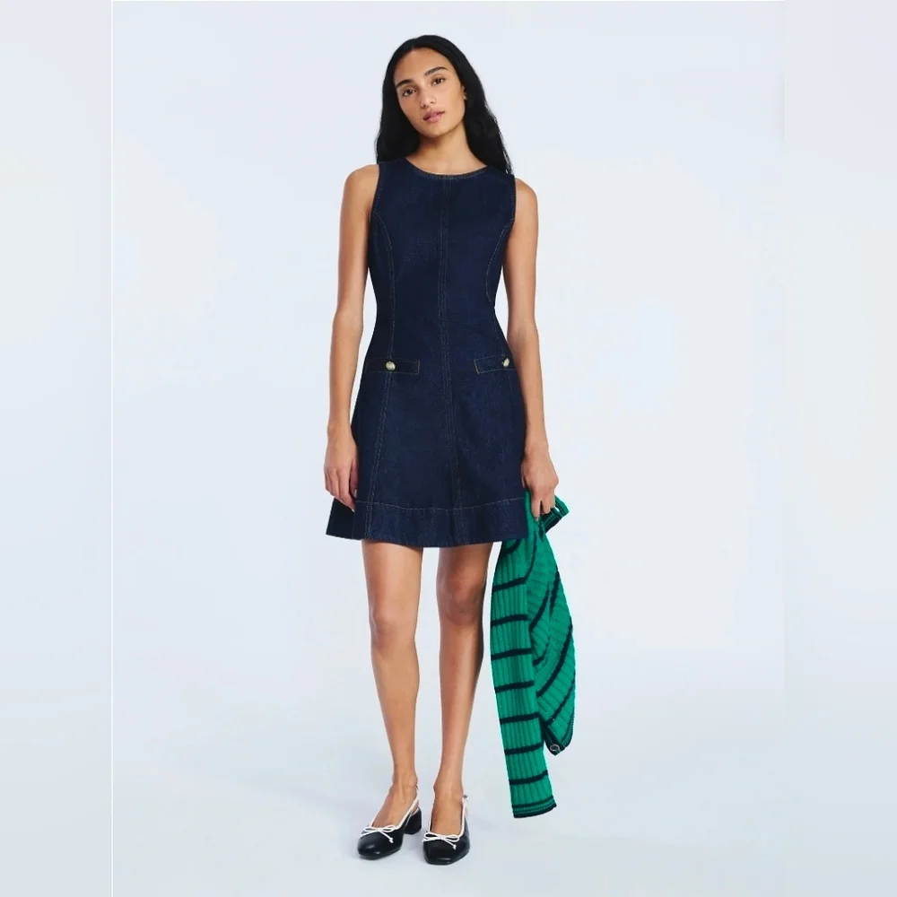 Free Assembly NEW Denim Mini Dress Gold Buttons 100% Cotton Dark Indigo - Picture 2 of 10